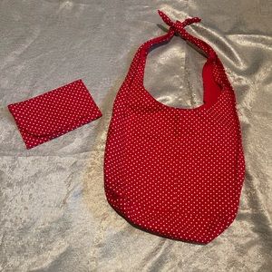 Hand crafted red and white polka dot tie strap bag matching wallet pouch & mask